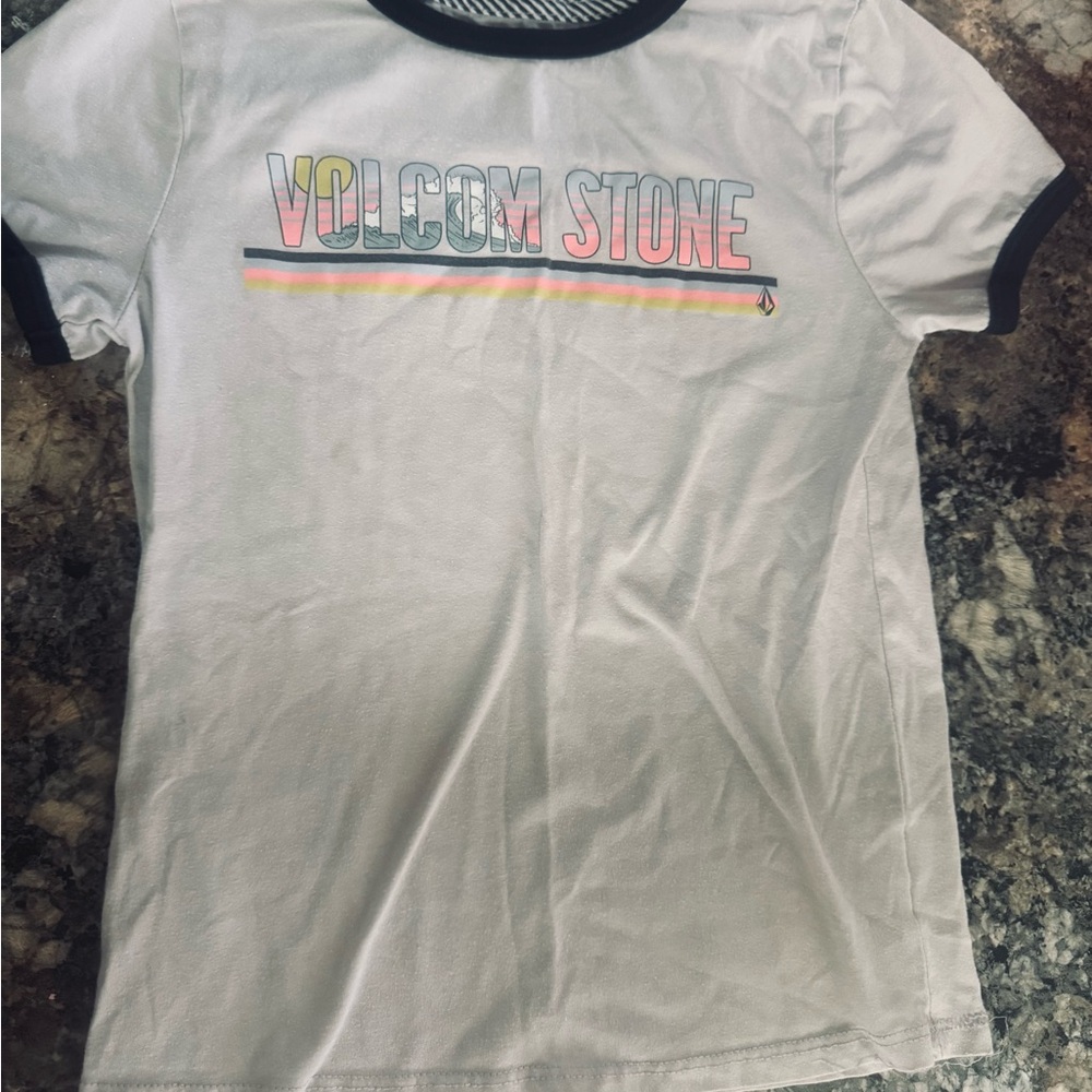 Volcom White Tee with Black Accents and Colorful Logo size 6
